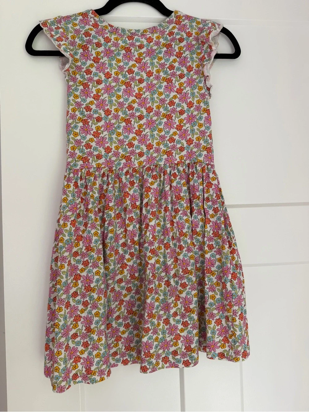Floral Flutter-Sleeve Dress in White with Pink, Orange & Yellow Flowers